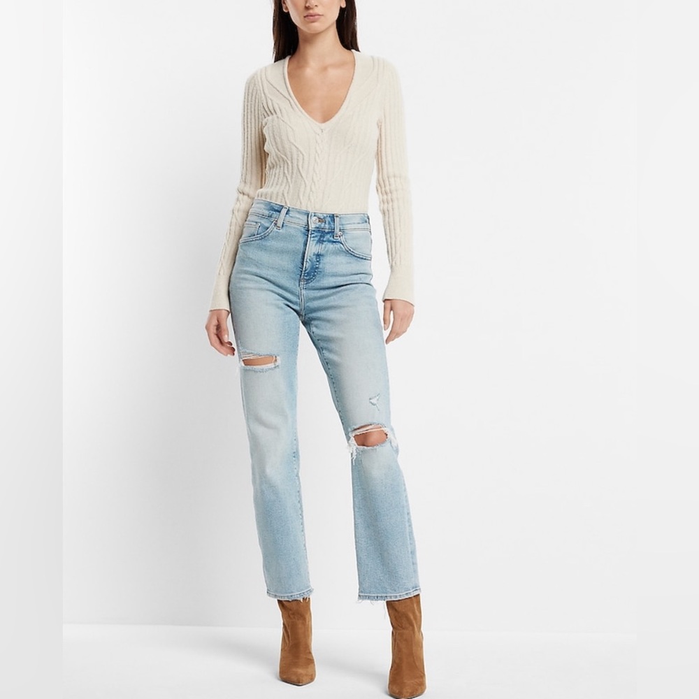 Express High Waisted Light Wash Ripped Straight Ankle Jeans